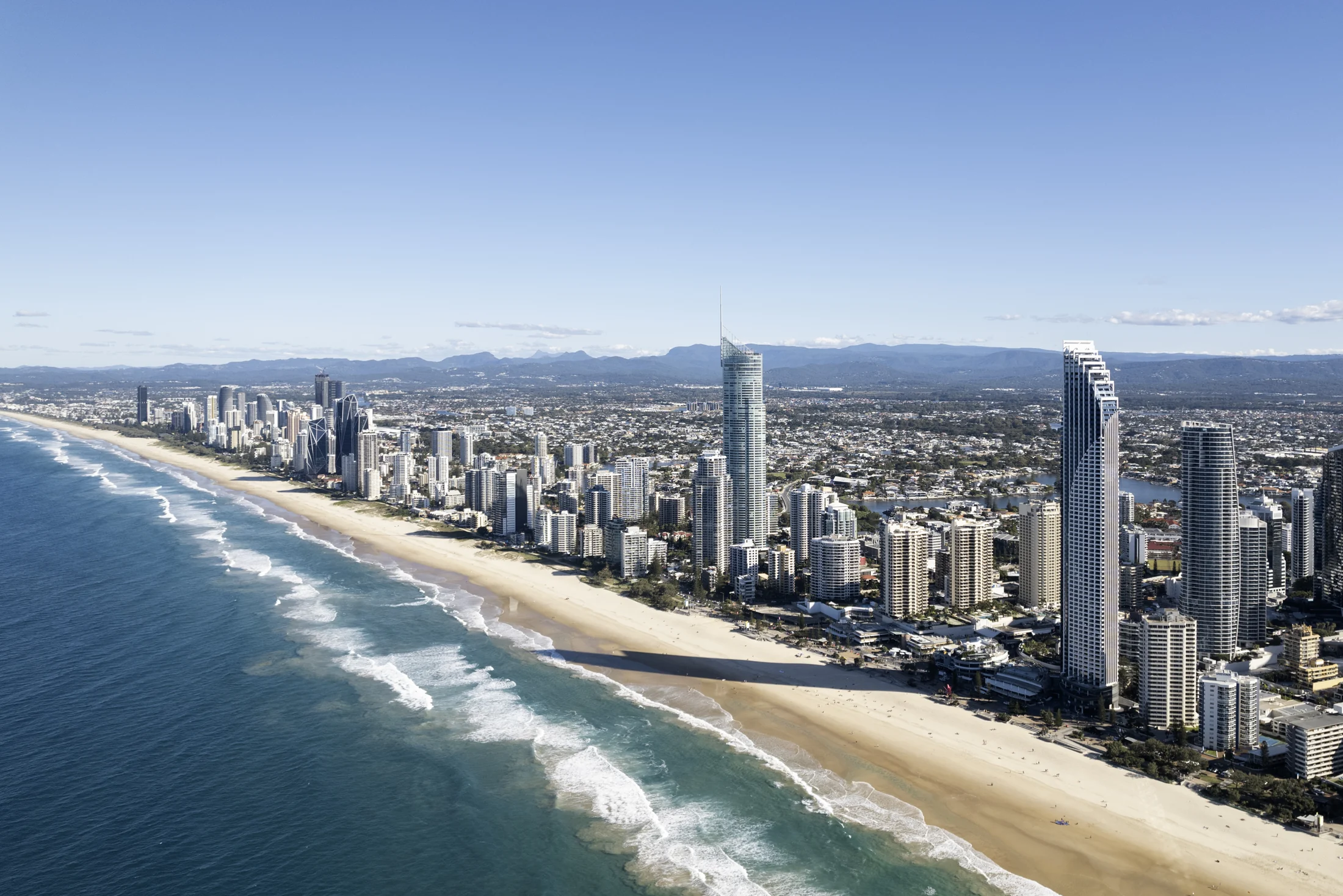Aerial view of Soul and the long sandy coastline of Surfers Paradise