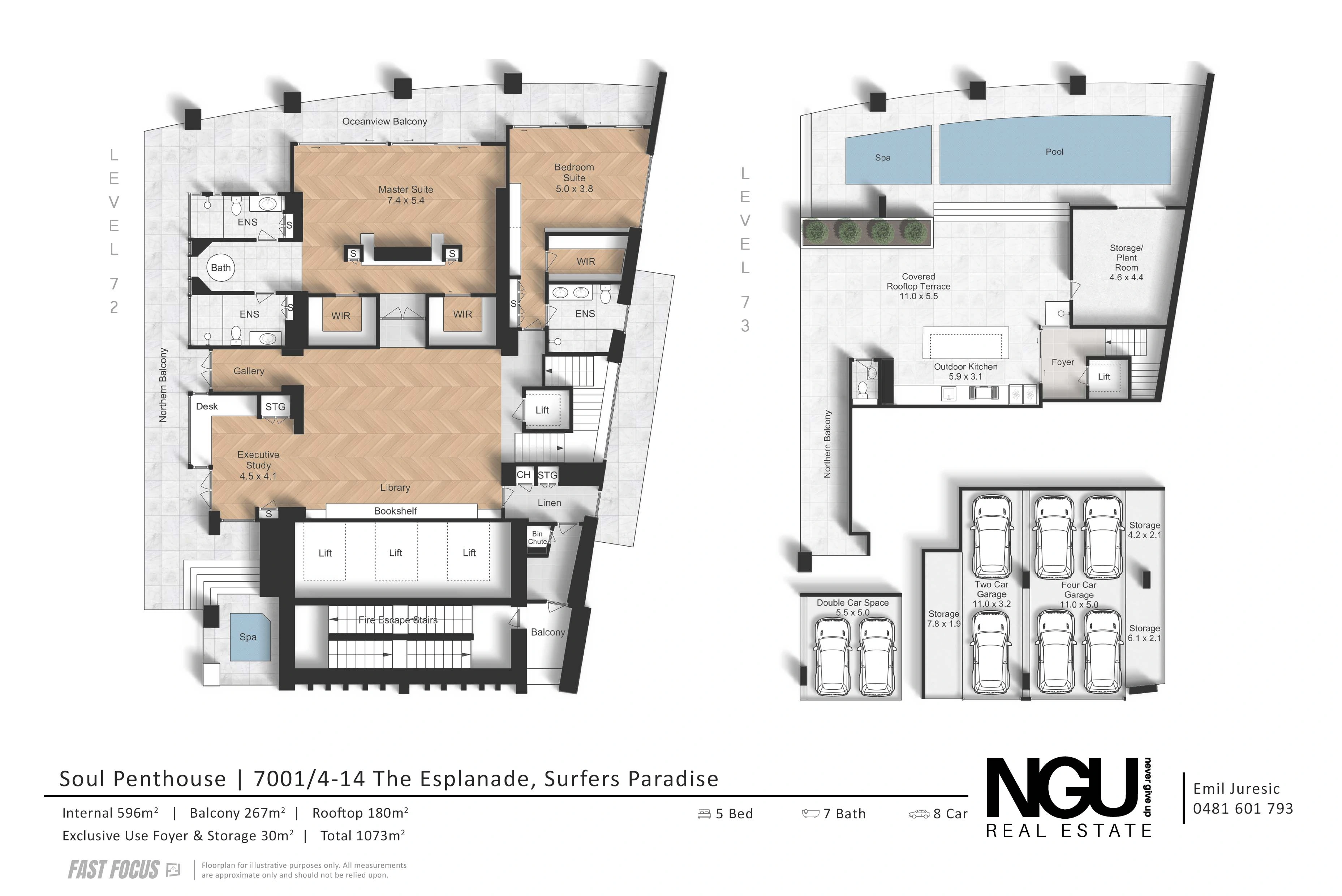 View floor plan: upper and rooftop levels